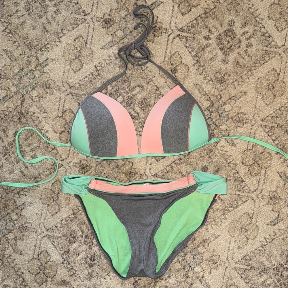 Colorblock Swim Bikini Set - Gray, Pink, and Green